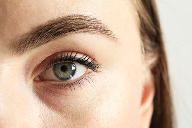 Macro photo of woman with beautiful eyes on light background