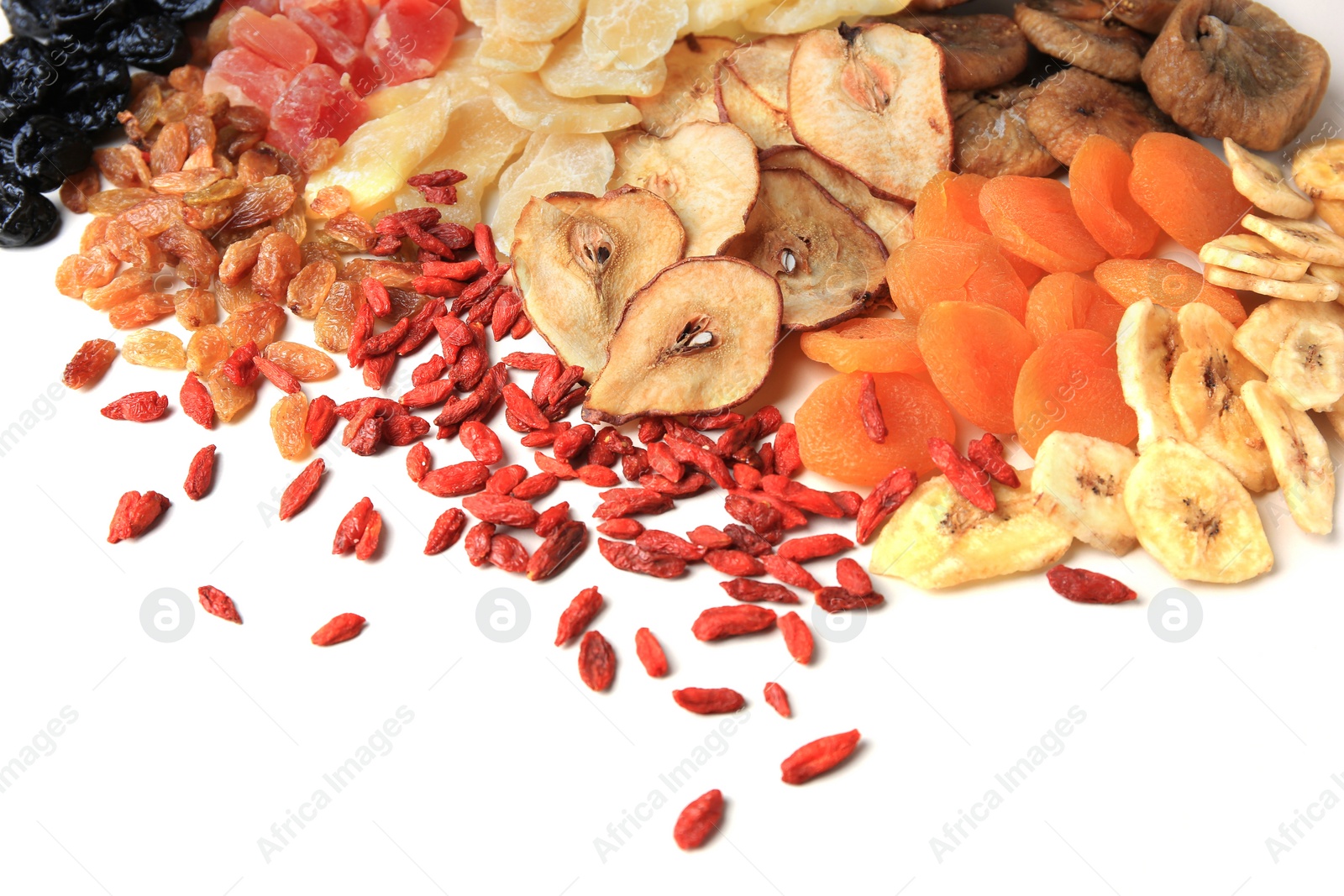 Photo of Pile of different tasty dried fruits on white background