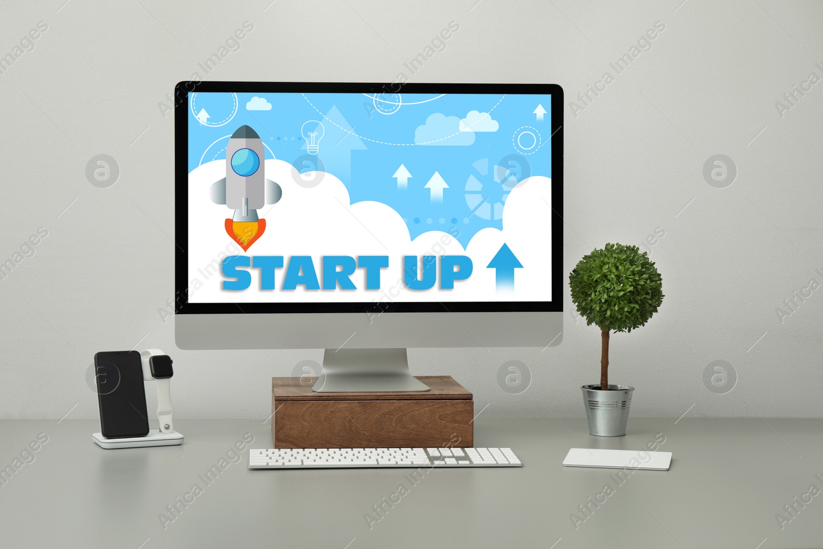 Image of Startup business concept. Workplace with computer in office 