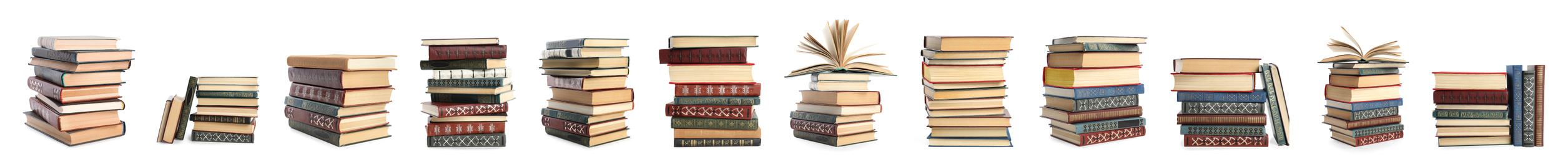 Image of Collection of different retro books on white background. Banner design 