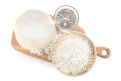 Photo of Dough and ingredients on white background, top view. Sodawater bread recipe