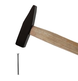 Hammer and metal nail on white background