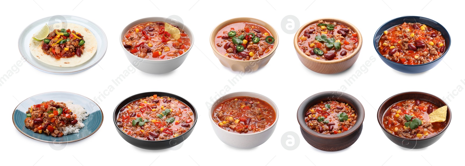 Image of Set with tasty chili con carne on white background. Banner design