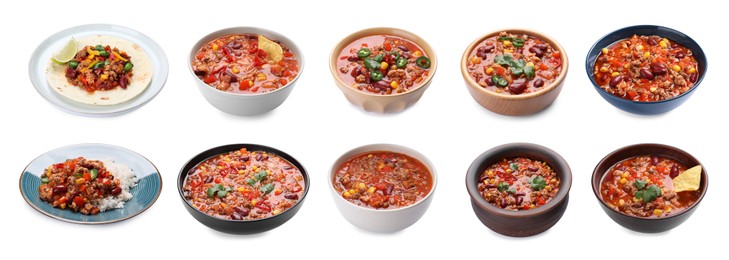 Set with tasty chili con carne on white background. Banner design