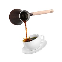 Image of Pouring freshly brewed aromatic coffee from turkish pot into cup. Objects in air on white background