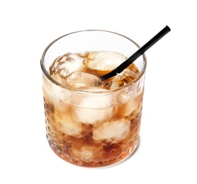 Glass of refreshing cola with ice cubes and straw on white background