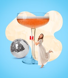 Image of Winter holidays art collage. Woman with Christmas gift, glass of sparkling wine and disco ball on color background