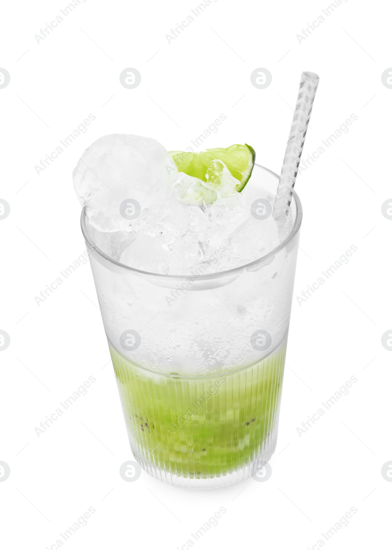 Photo of Glass of refreshing drink with kiwi and lime isolated on white