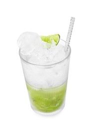 Glass of refreshing drink with kiwi and lime isolated on white