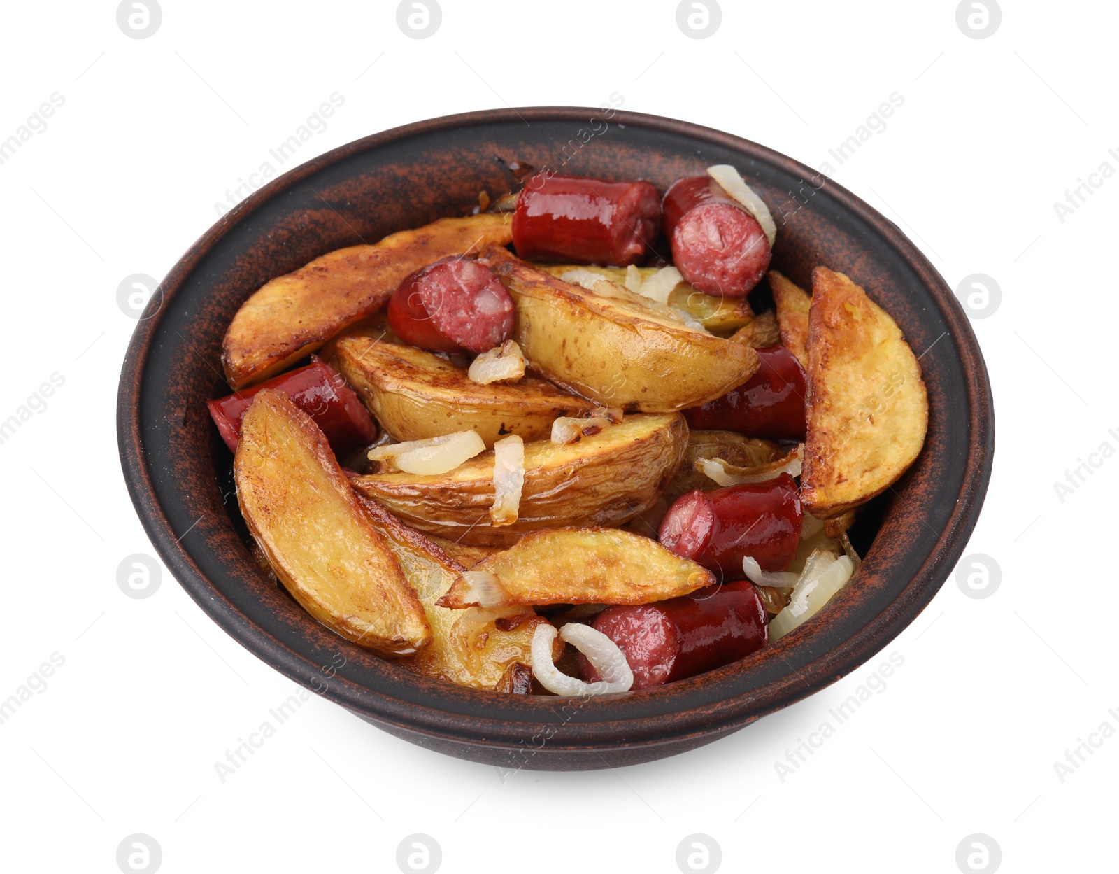 Photo of Delicious baked potato with thin dry smoked sausages and onion in bowl isolated on white