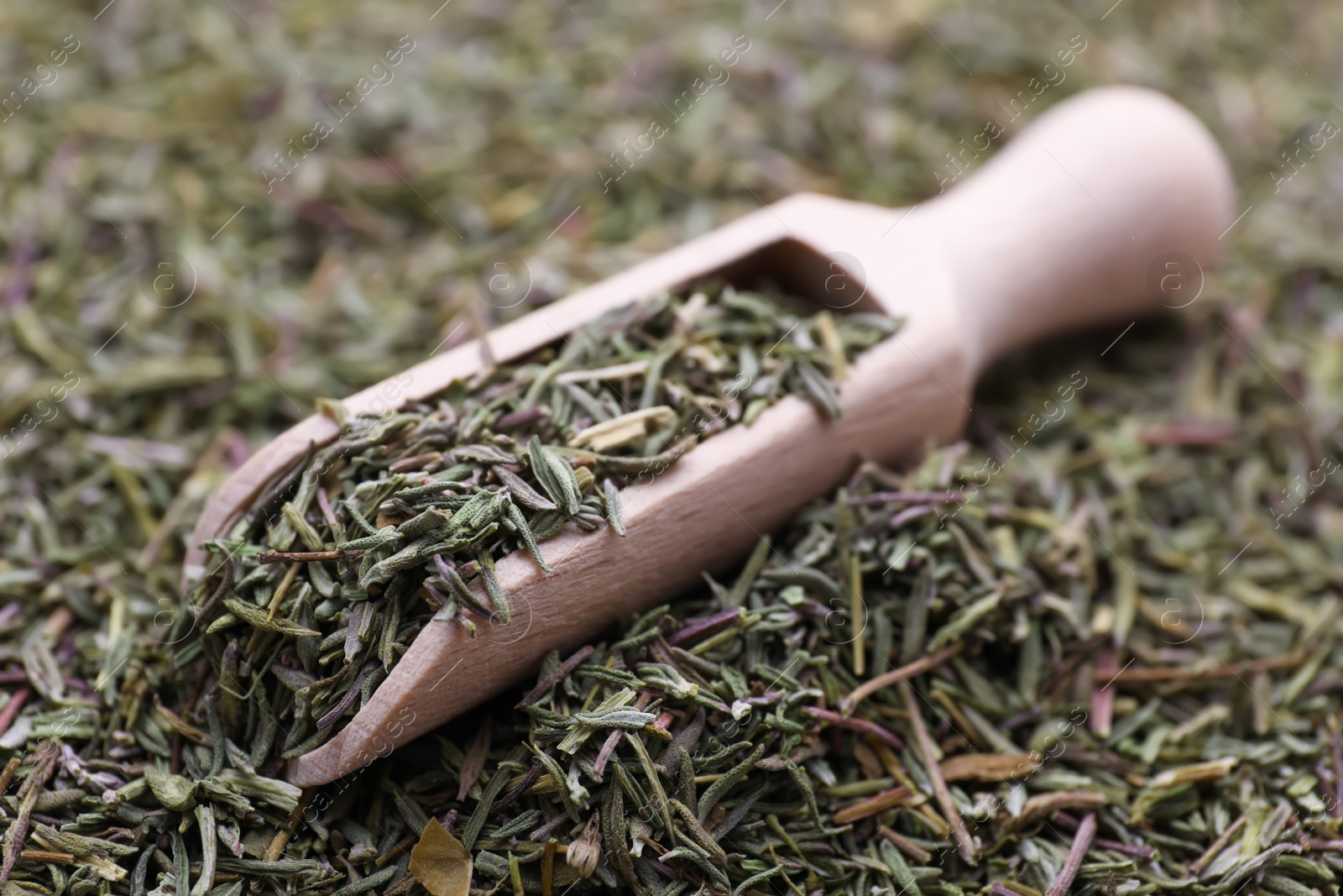 Photo of Wooden scoop with dried thyme, closeup view