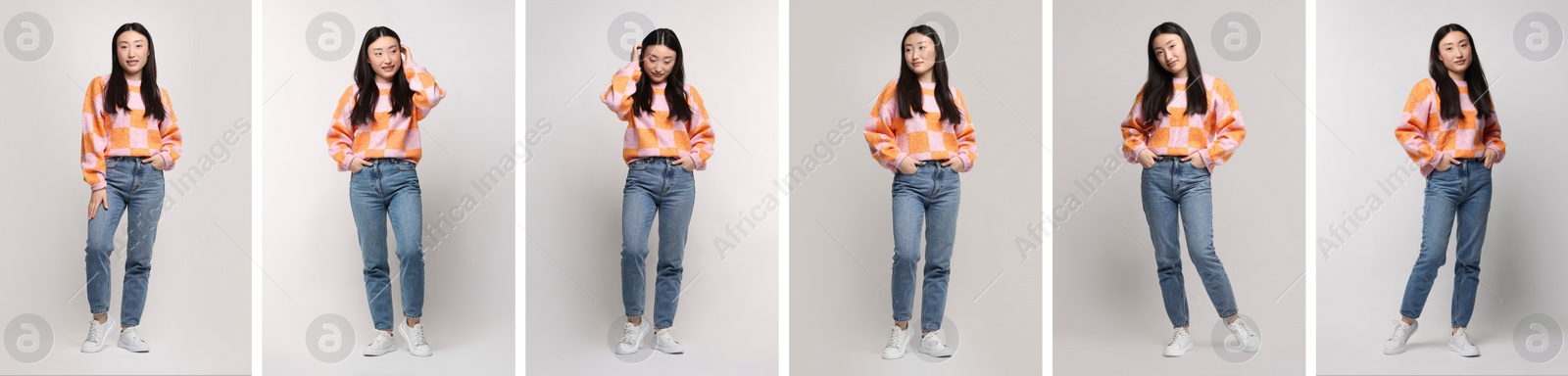 Image of Full length portrait of Asian woman on grey background, set with photos