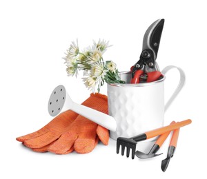 Photo of Watering can with flowers and gardening tools on white background