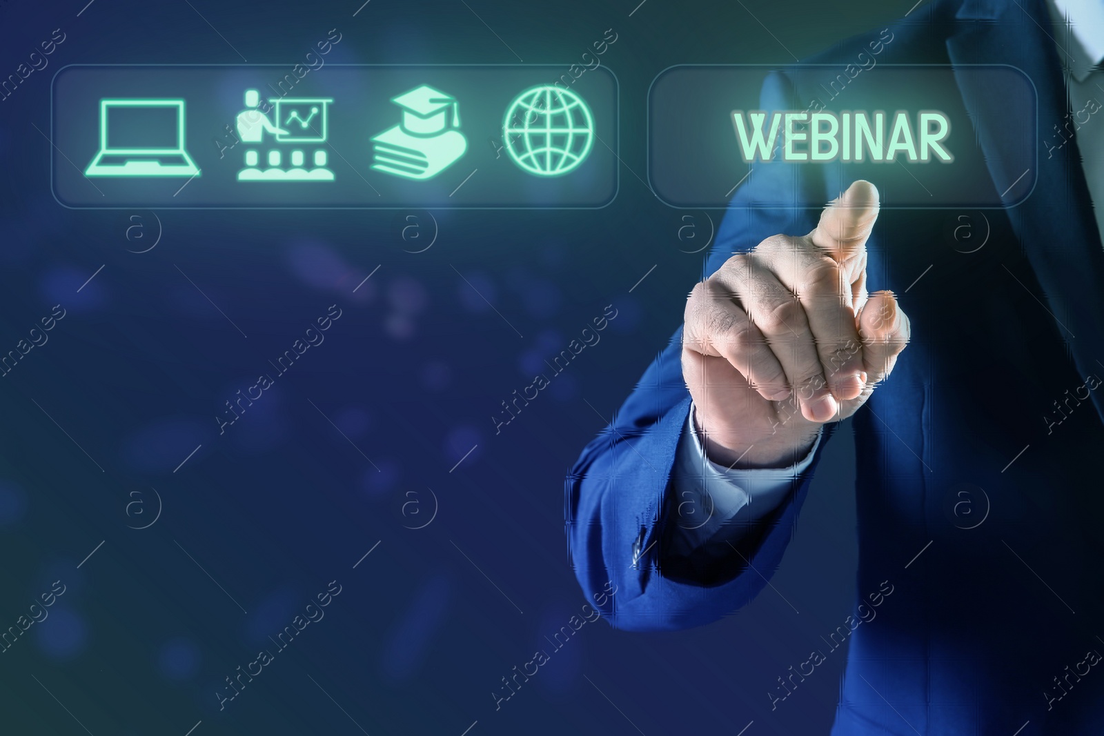 Image of Webinar. Businessman using virtual screen with icons on blue background, closeup