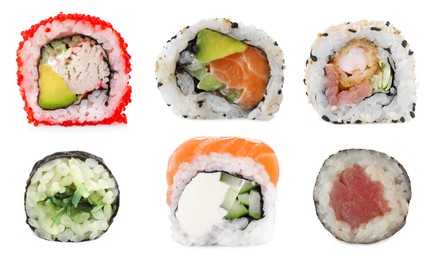 Set of delicious different sushi rolls on white background