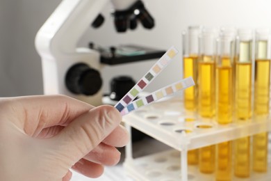 Nurse holding test strips in laboratory, closeup. Urine analysis