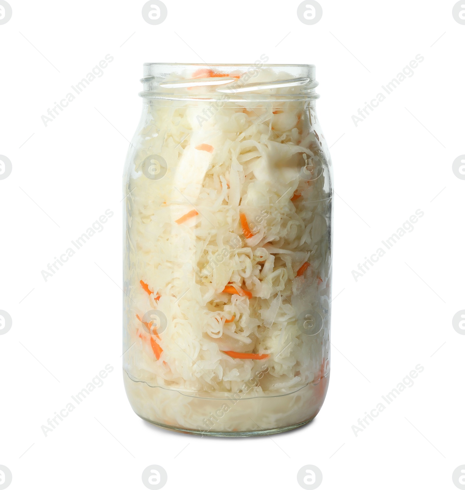 Photo of Glass jar of tasty fermented cabbage isolated on white