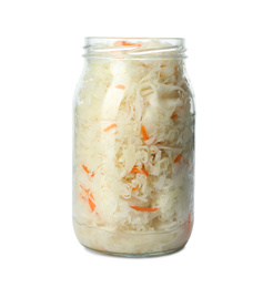 Photo of Glass jar of tasty fermented cabbage isolated on white