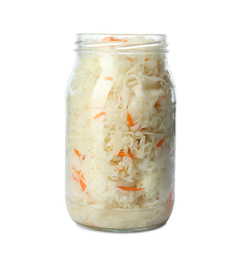 Glass jar of tasty fermented cabbage isolated on white