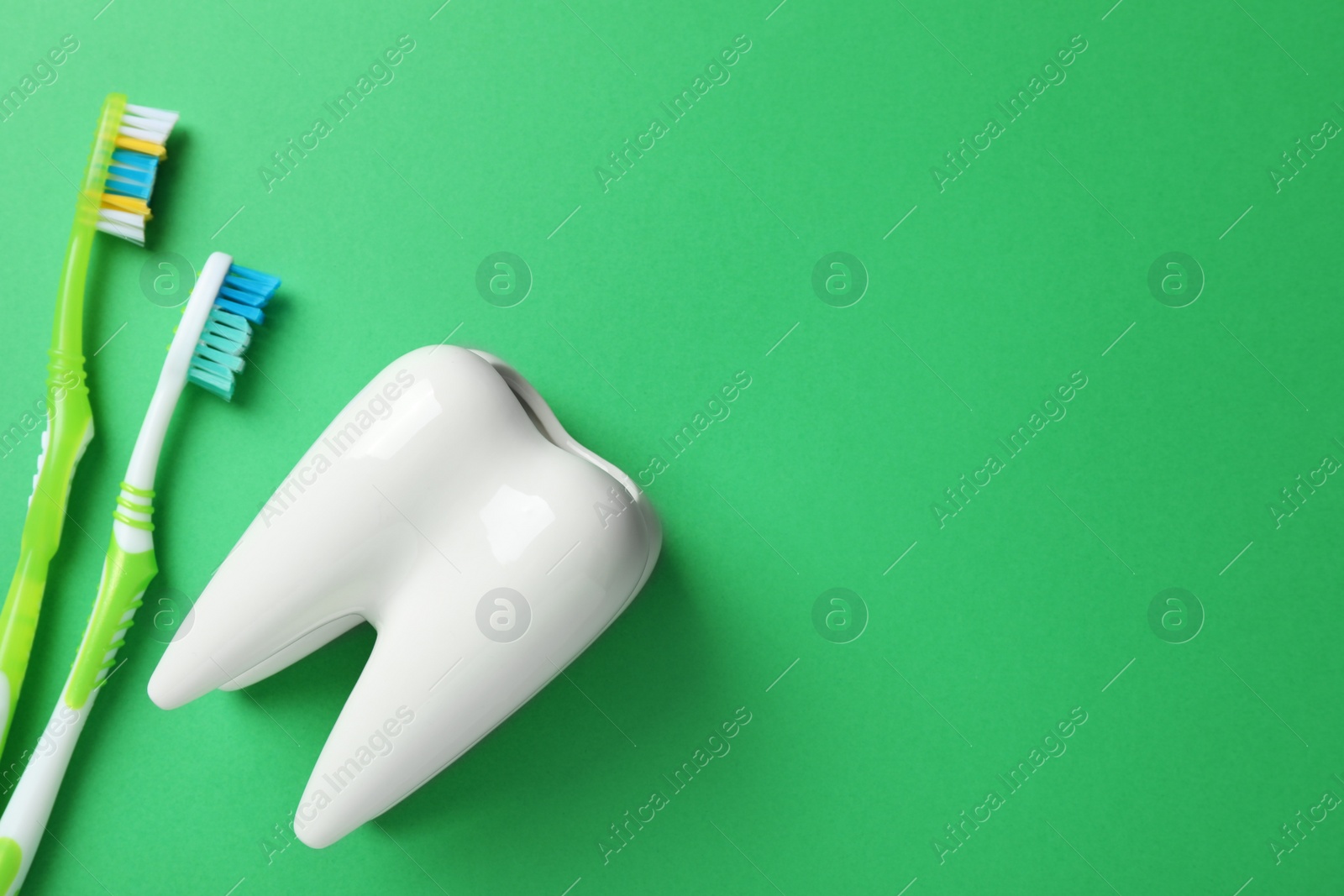 Photo of Toothbrushes and holder on green background, flat lay. Space for text