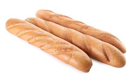 Photo of Tasty baguettes on white background. Fresh bread