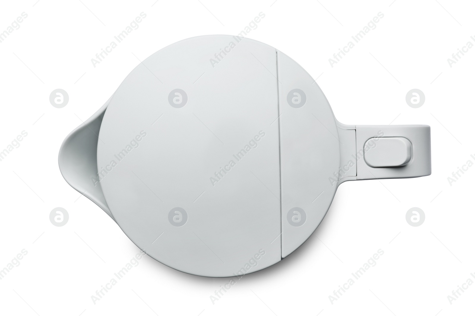Photo of Modern electric kettle isolated on white, top view