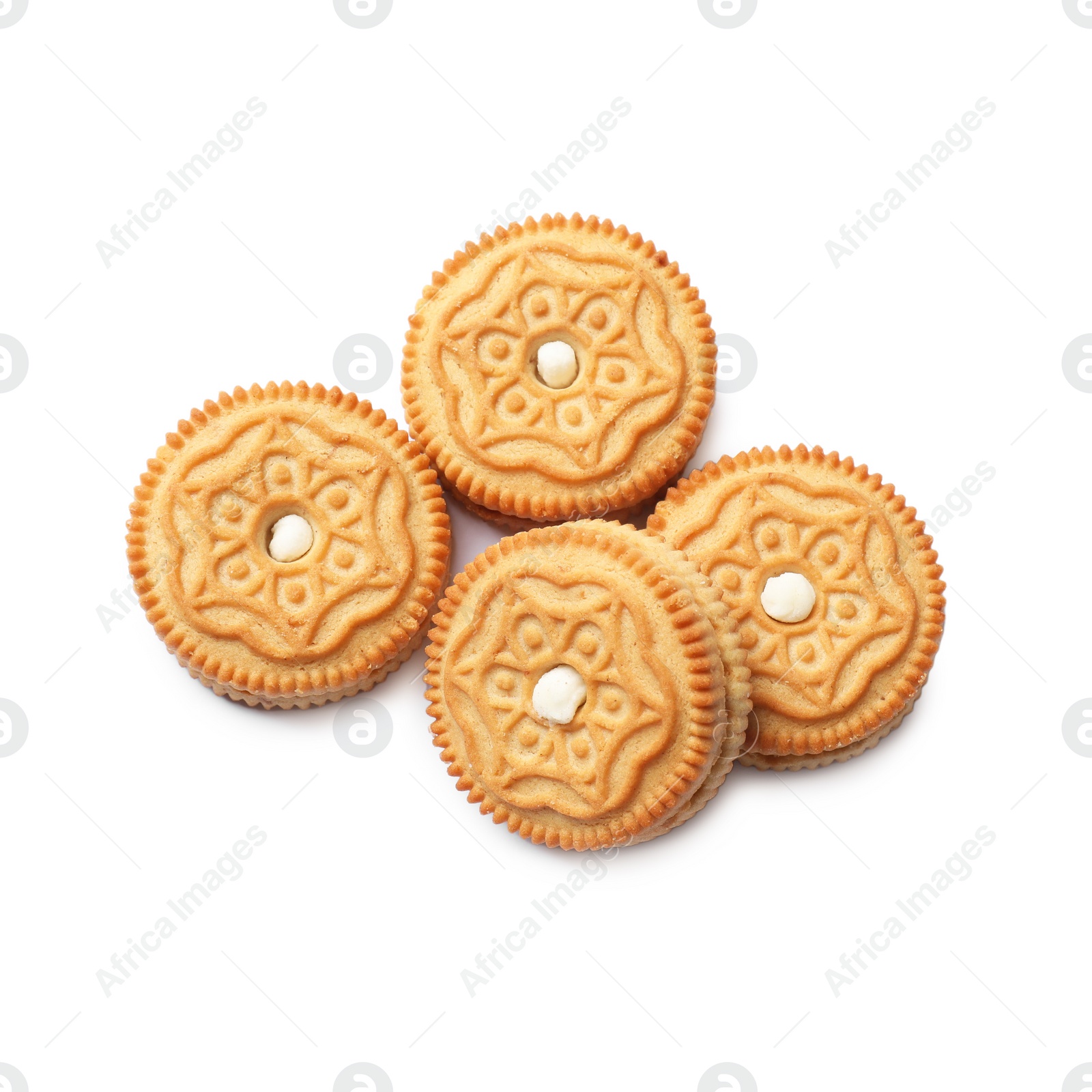 Photo of Tasty sandwich cookies isolated on white, top view