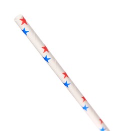 Photo of One paper straw with colorful stars for drinking isolated on white