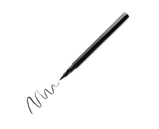 Photo of Eyeliner marker and stroke on white background, top view. Makeup product
