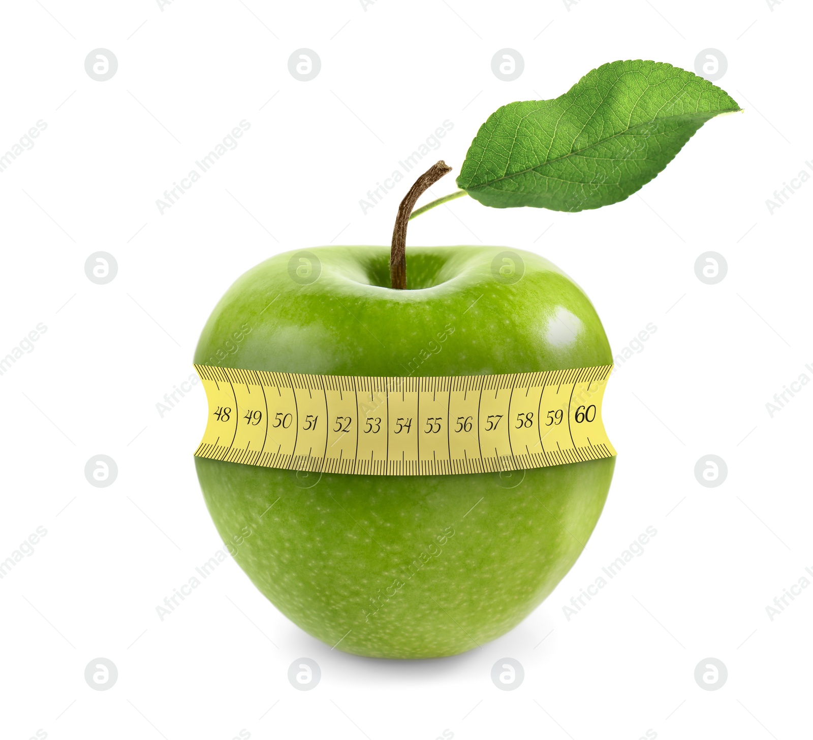 Image of Green apple with measuring tape on white background. Slimming, weight loss concept