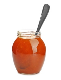 Jar with sweet jam on white background