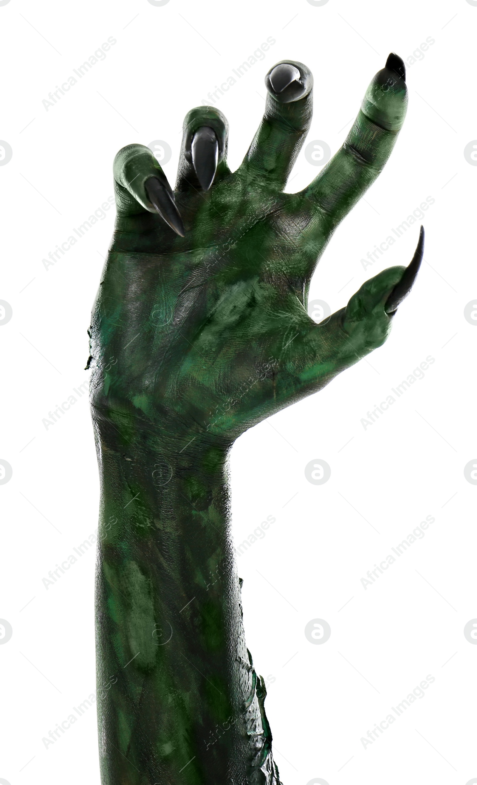 Photo of Scary monster on white background, closeup of hand. Halloween character