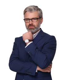 Photo of Portrait of serious man in glasses on white background. Lawyer, businessman, accountant or manager
