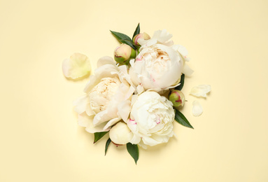 Beautiful white peonies on beige background, flat lay