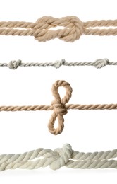 Image of Set of different ropes with knots on white background, closeup
