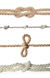 Set of different ropes with knots on white background, closeup