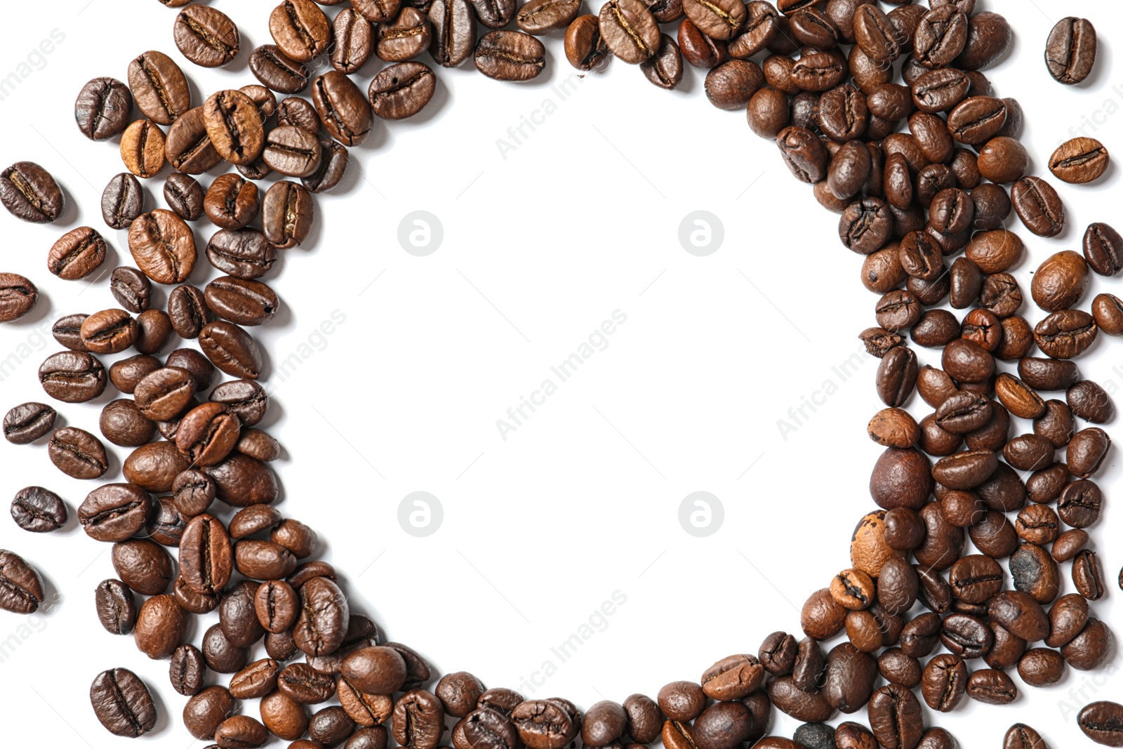 Photo of Frame made of roasted coffee beans on white background, top view