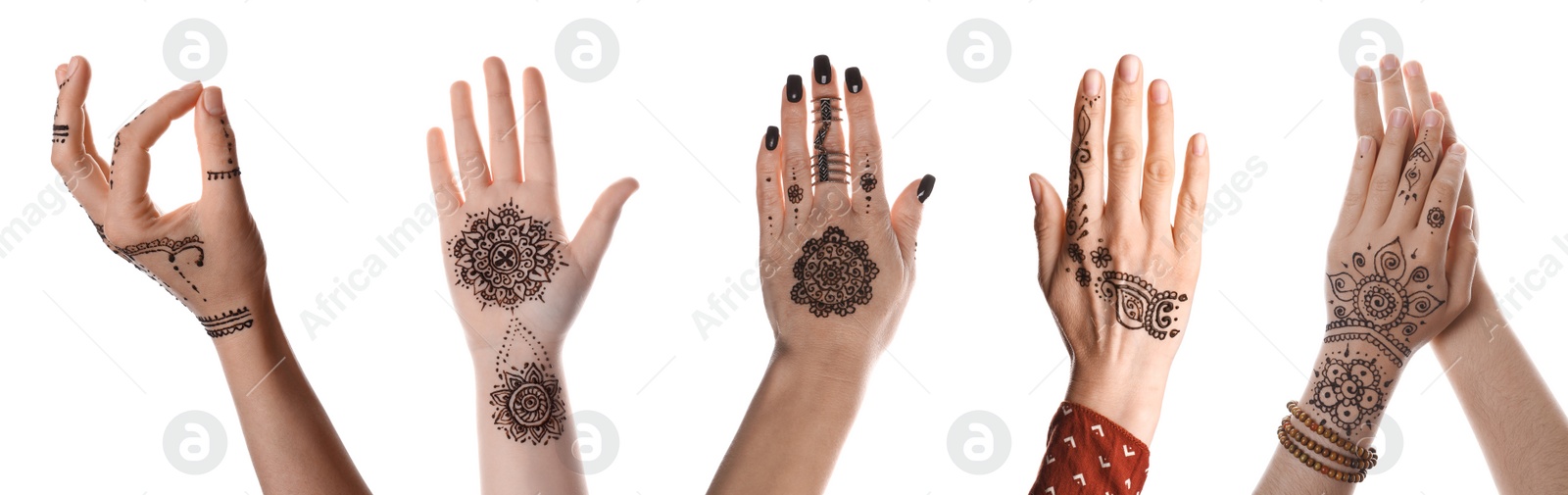 Image of Closeup view of women with henna tattoo on hands against white background, collage. Traditional mehndi ornament