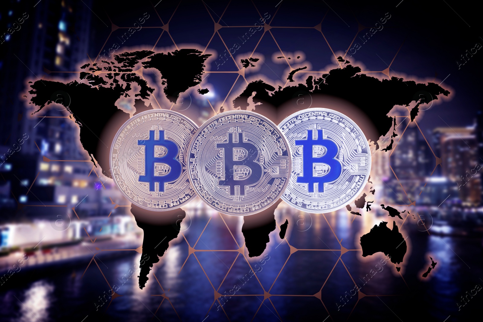 Image of Cryptocurrency. Bitcoins and digital world map against blurred cityscape