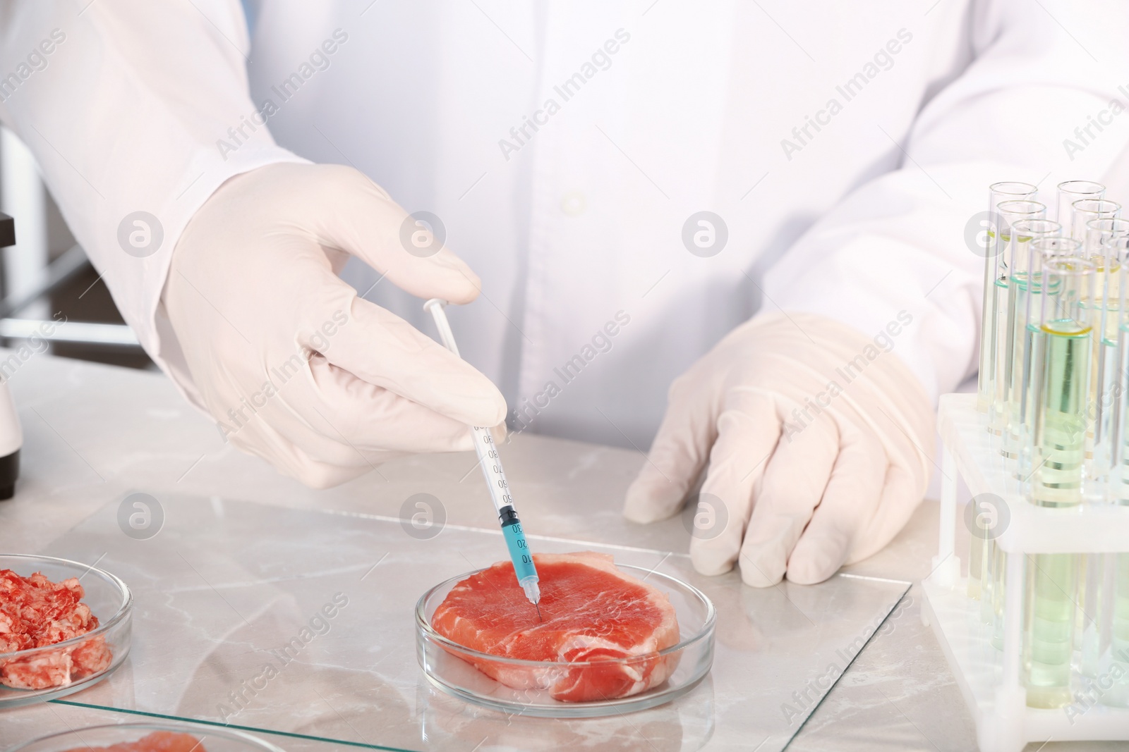 Photo of Scientist injecting liquid into meat sample in laboratory, closeup