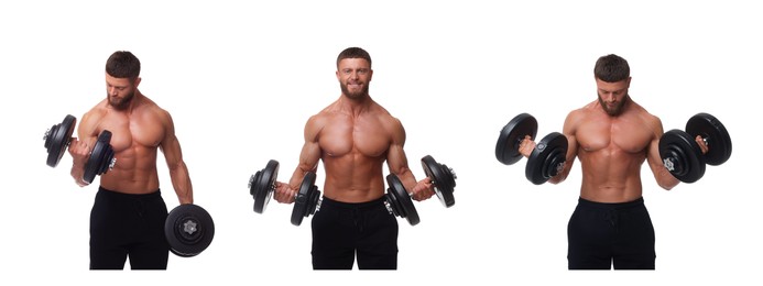 Image of Handsome bodybuilder training on white background, set of photos