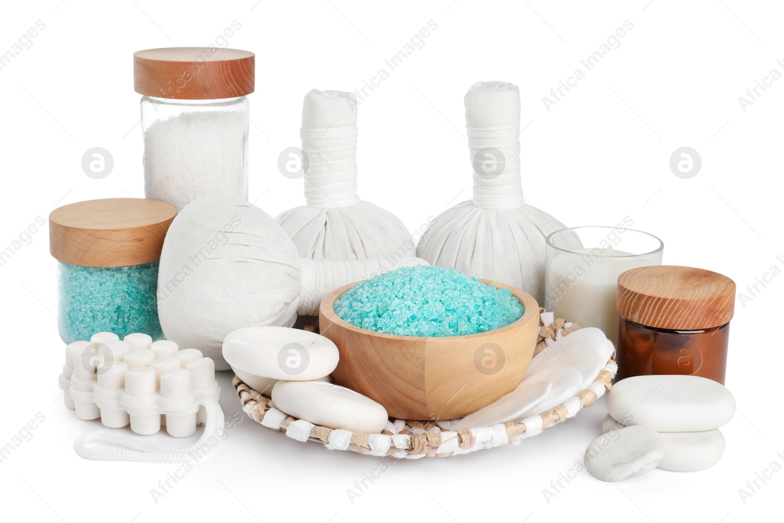 Photo of Beautiful spa composition with different body care products isolated on white