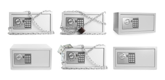 Image of Set of steel safes with electronic lock on white background