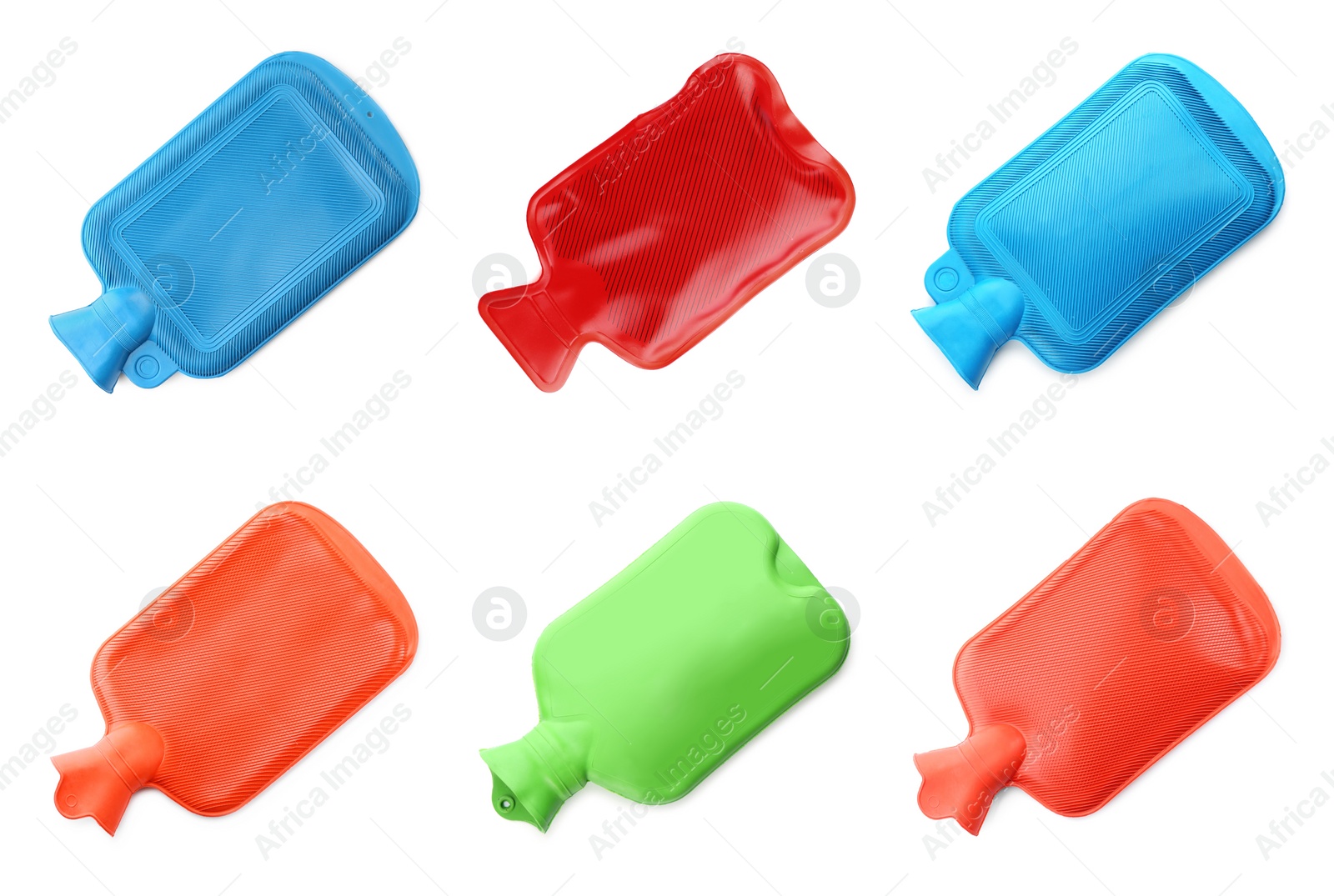 Image of Set with different rubber hot water bottles on white background, top view
