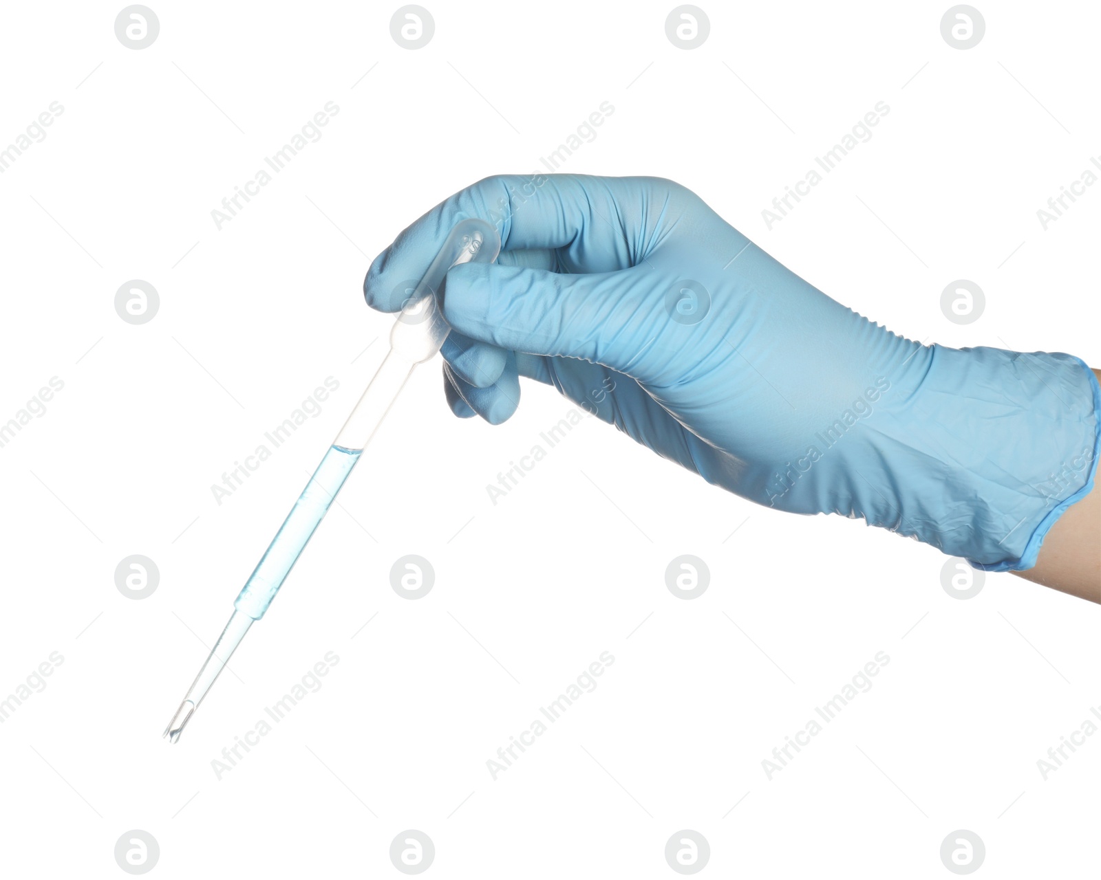 Photo of Scientist with pipette on white background, closeup