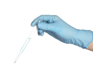 Photo of Scientist with pipette on white background, closeup