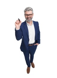 Mature businessman with marker on white background, above view