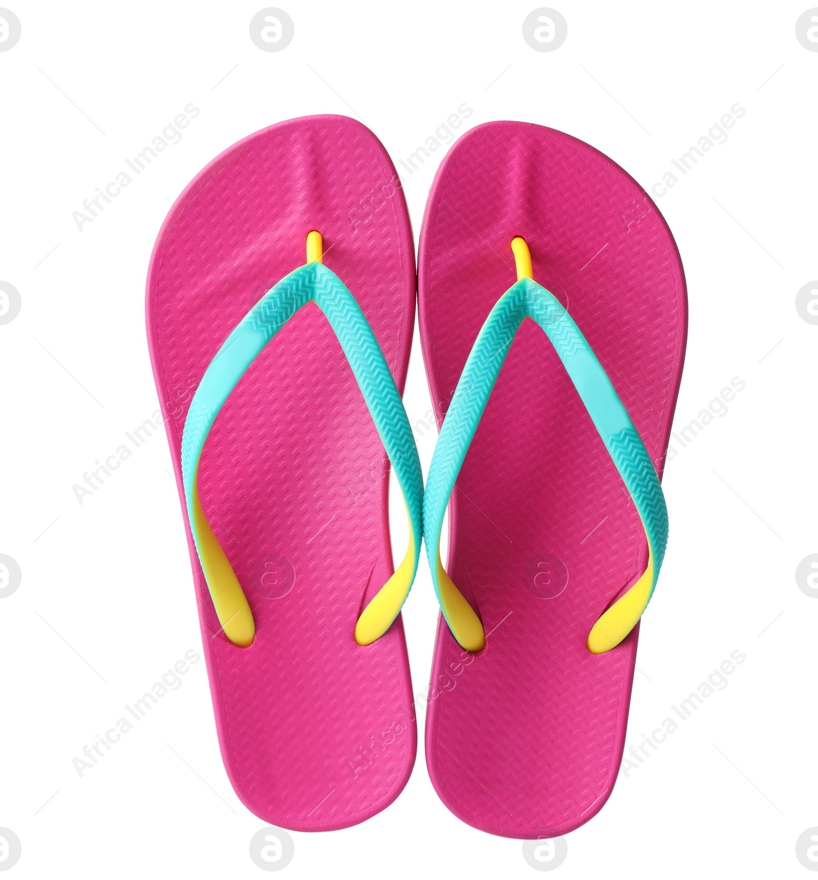 Photo of Stylish pair of flip flops on white background. Beach accessory