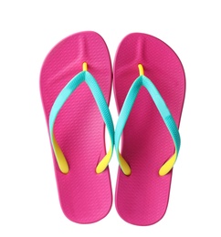 Photo of Stylish pair of flip flops on white background. Beach accessory