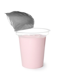 Photo of Plastic cup with creamy yogurt on white background
